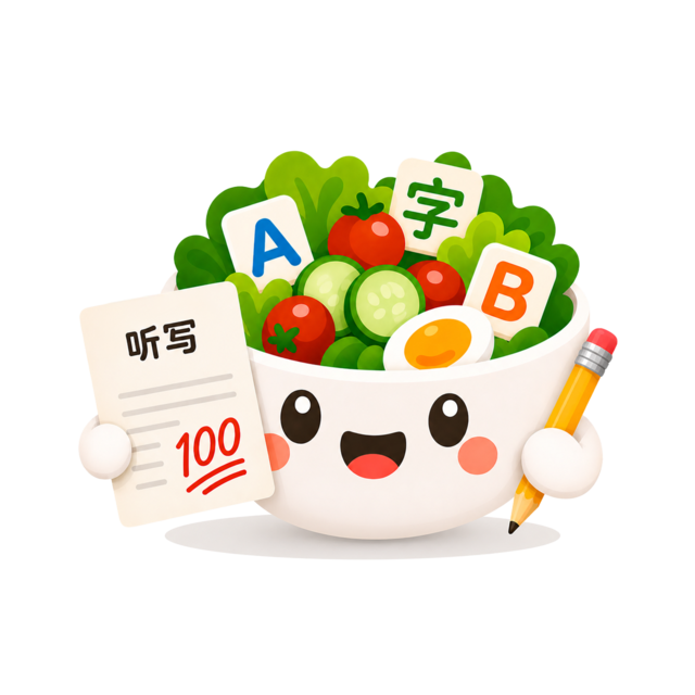 Word Salad mascot holding a ting xie (听写) test scored 100