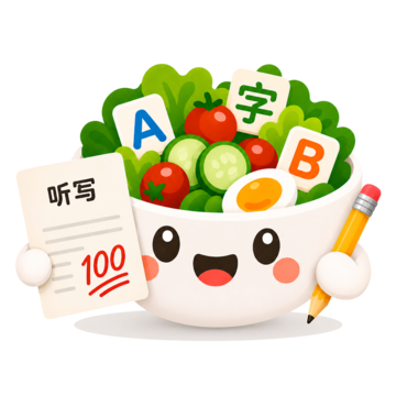 Word Salad mascot holding a ting xie test scored 100