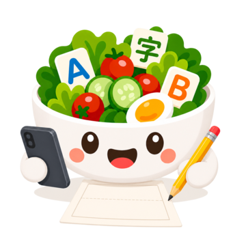Word Salad mascot listening to a phone and writing with a pencil