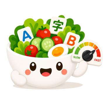 Word Salad mascot holding a slow-to-fast speed dial